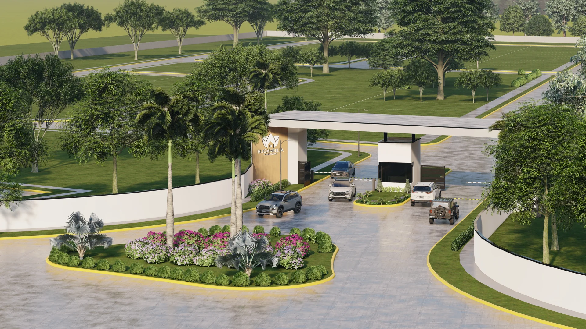 Render de la entrada de Residencial Bugambilia